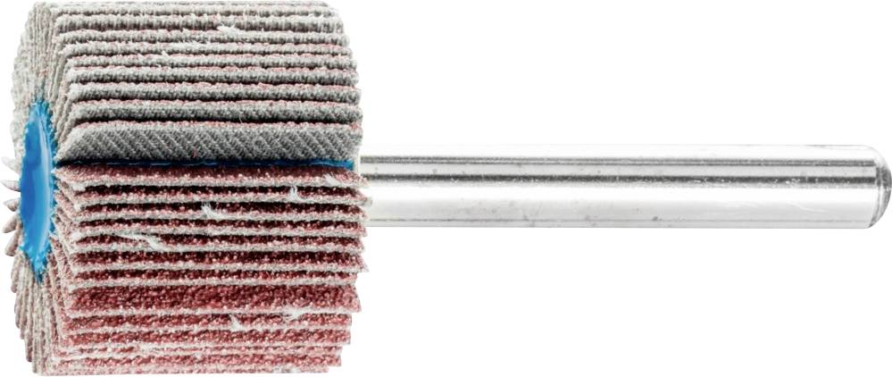 Ein Schleifaufsatz mit mehreren rot-weißen Schleiflamellen ist an einem silbernen Metallstab befestigt.