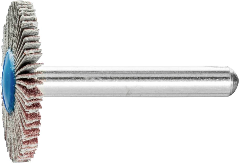 Ein Schleifwerkzeug mit einer Reihe von lamellenförmigen Schleifscheiben, die radial um eine zentrale Metallachse angeordnet sind.