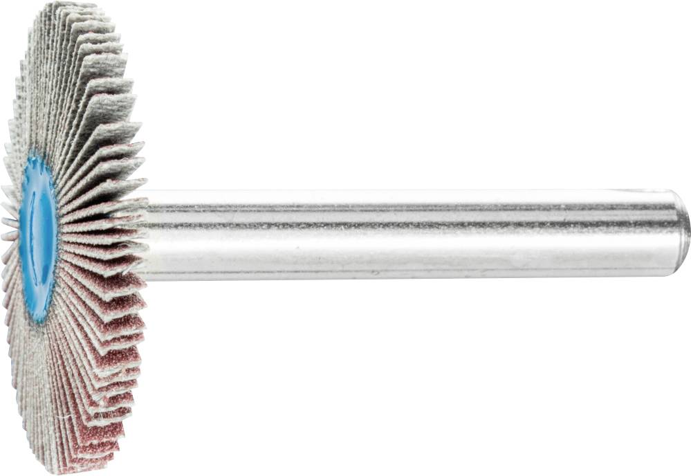 Ein Schleifaufsatz mit Lamellenstruktur, montiert auf einem Metallstab. Geeignet für Polier- oder Schleifarbeiten an verschiedenen Materialien.