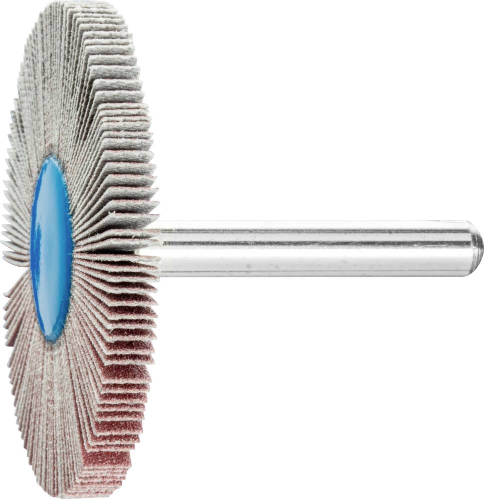 Schleifwerkzeug mit blauem Zentrum, vielen radial angeordneten Schleifblättern und einem Metallstift als Griff.