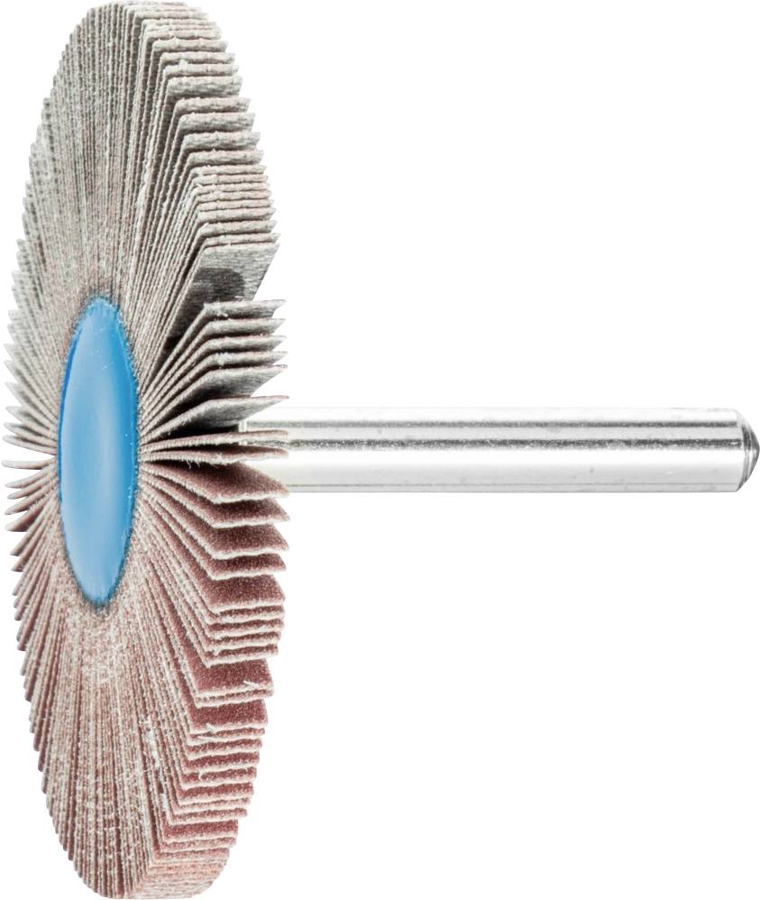 Schleifaufsatz mit radial angeordneten Lamellen aus Schleifpapier auf Metallstift zur Oberflächenbearbeitung.