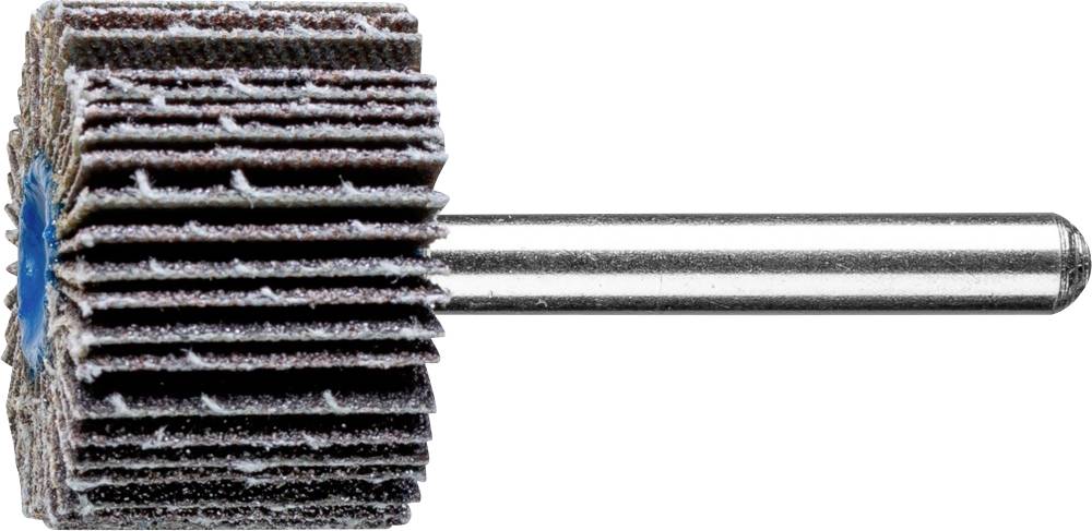 Ein Schleifaufsatz in Form eines Zylinders mit mehreren Lagen Schleifpapier, befestigt an einem metallischen Schaft.