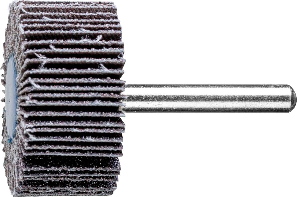 Schleifwalze mit Metallschaft, verwendet zum Schleifen und Polieren von Materialien, zeigt Schichten aus Schleifpapier in Zylinderform.