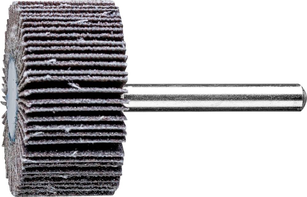 Schleifscheibe mit mehreren Lamellen auf einer Metallspindel, verwendet zum Glätten oder Polieren von Oberflächen.