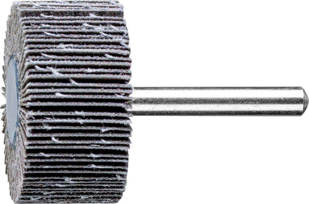 Ein zylindrischer Schleifkopf mit mehreren Schichten von Schleifpapier, montiert auf einem Metallstab für Präzisionsschleifarbeiten.