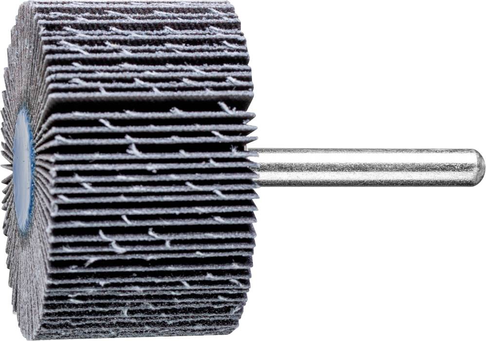 Schleifmop-Rolle mit Textil-Lamellen und Metallstiel, verwendet zum Polieren oder Schleifen von Oberflächen in Werkstätten.