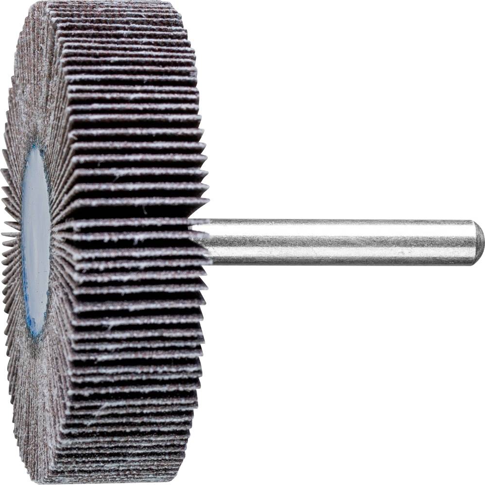 Schleifmop mit langem Schaft; seitliche Ansicht. Nutzung für Metallbearbeitung und Oberflächenveredelung.