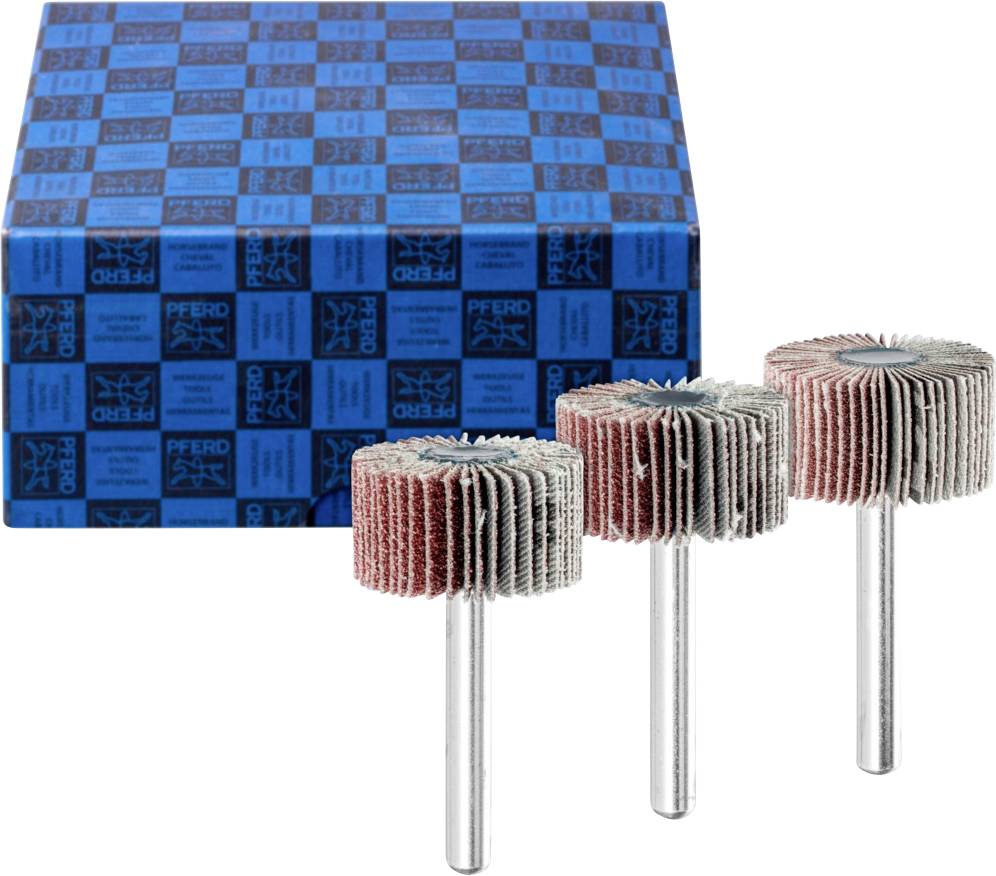 Drei Schleifaufsätze vor einer blauen Verpackung mit Pferd-Logo, geeignet für präzise Schleifarbeiten in handwerklichen Anwendungen.