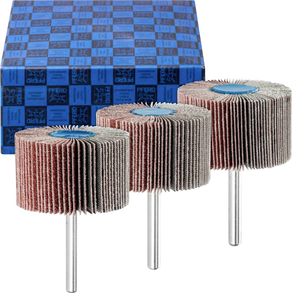 Drei Schleiflammellenräder vor einer blauen, gemusterten Verpackung. Die Schleifwerkzeuge haben rote Lamellen und einen blauen Kern.