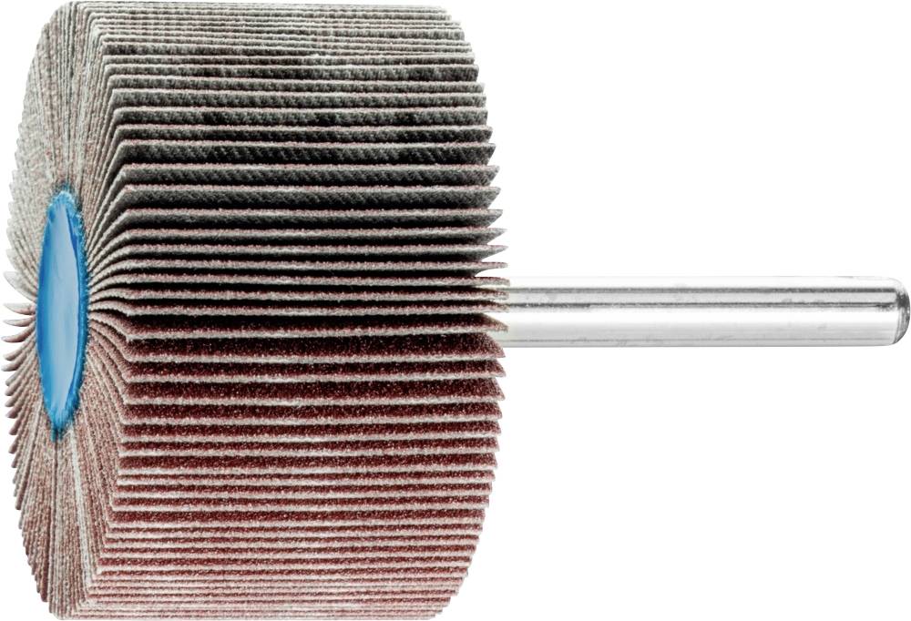 Eine Schleifscheibe mit mehreren lamellenartigen Schichten, befestigt an einer Metallachse, wird für Materialbearbeitung verwendet.