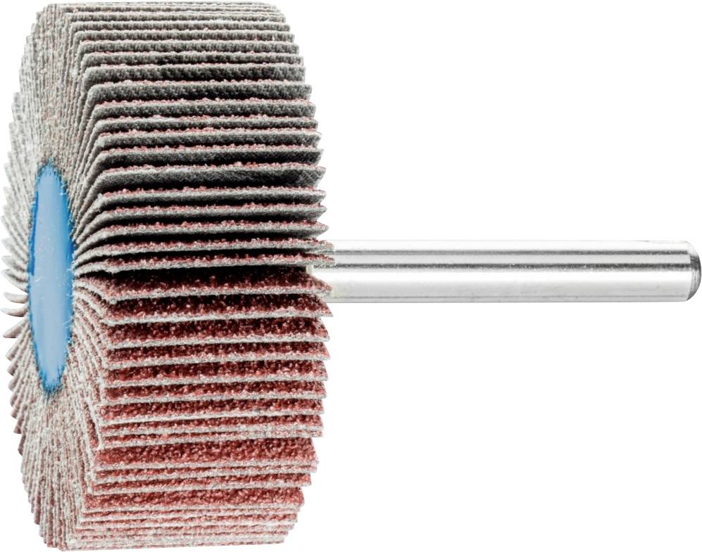 Schleiflamellenrad mit Metallschaft. Eignet sich zum Schleifen und Polieren von Metalloberflächen. Rot-braune Lamellen rundum.