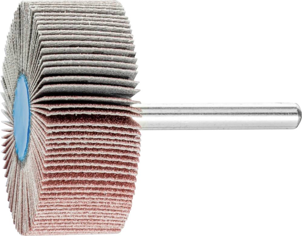 Schleifrad mit Lamellen und Metallstift; dient zum Schleifen und Polieren von Oberflächen.