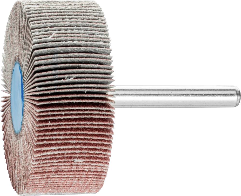 Schleifmittel mit radial angeordneten Lamellen an einer Metallstange, verwendet zum Polieren oder Schleifen von Oberflächen.