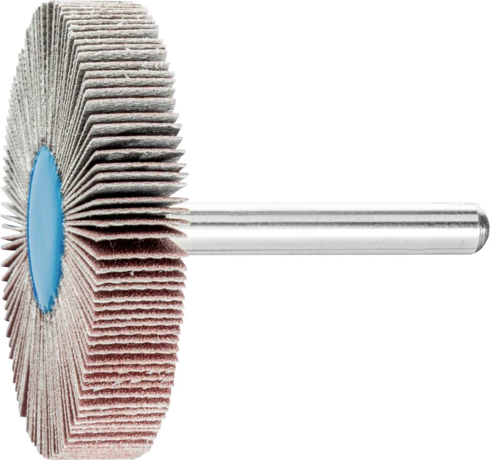 Eine Lamellenschleifscheibe mit metallischem Schaft. Die Schleifscheibe besteht aus vielen überlappenden Schleifblättern.