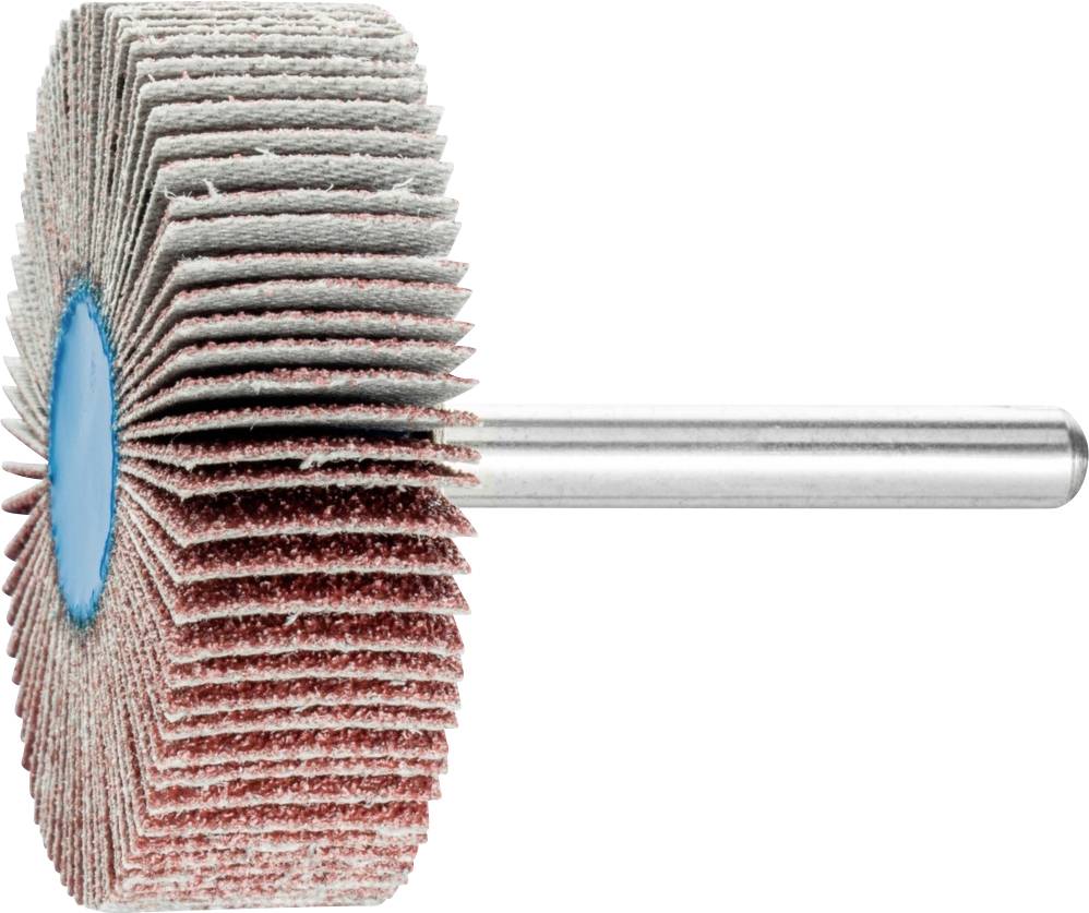 Schleifmop mit radial angeordneten Schleifblättern und Metallstiel, ideal für Feinschliff von Metallen und Holz in Werkstätten.