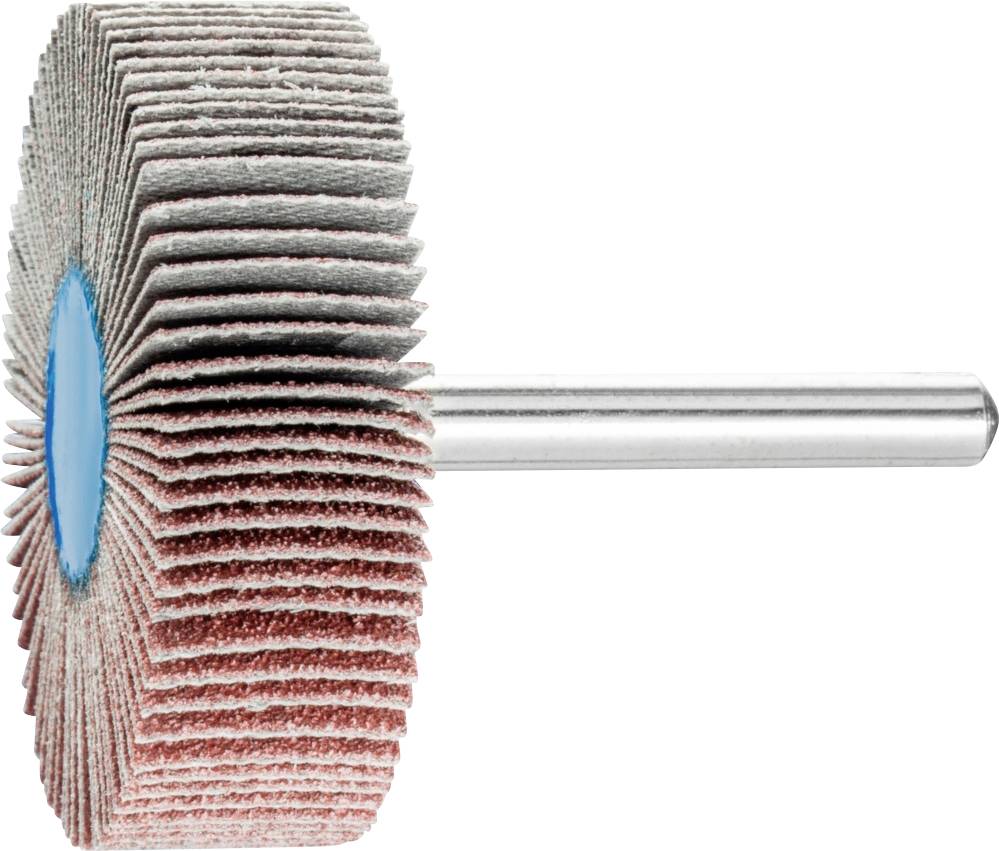 Schleiflamellenrad mit einer blauen Mitte und mehreren Schleifblättern auf einer Metallachse, verwendet zum Polieren und Schleifen.