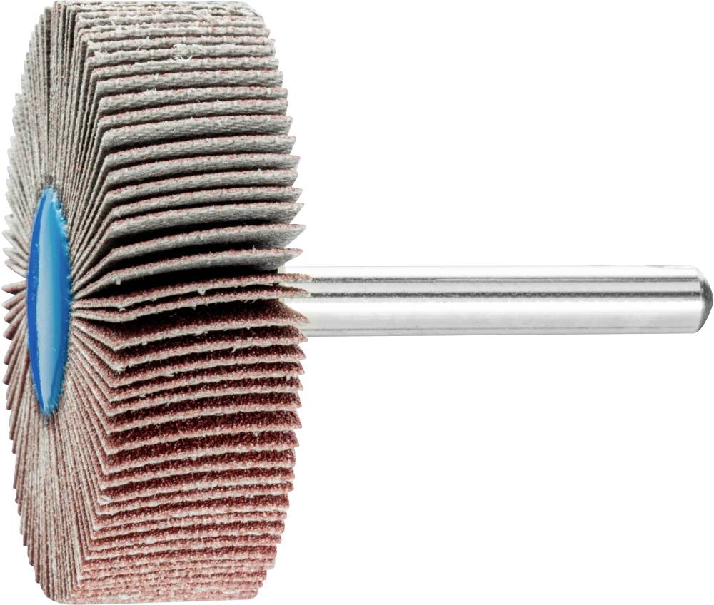 Ein Schleifaufsatz mit mehreren radial angeordneten Schleifscheiben an einem Metallstift, verwendet zum Polieren und Schleifen.