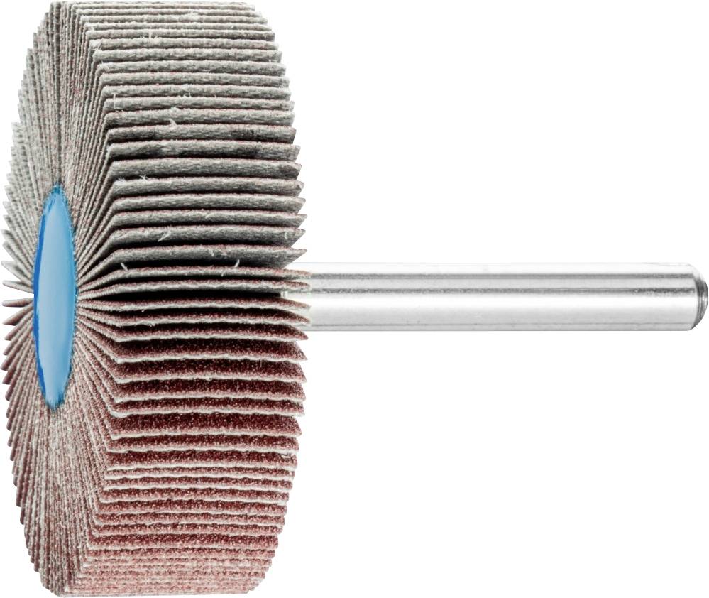 Ein großer Schleifaufsatz mit zahlreichen lamellenartigen Lagen und einem Metallstift als Halterung.