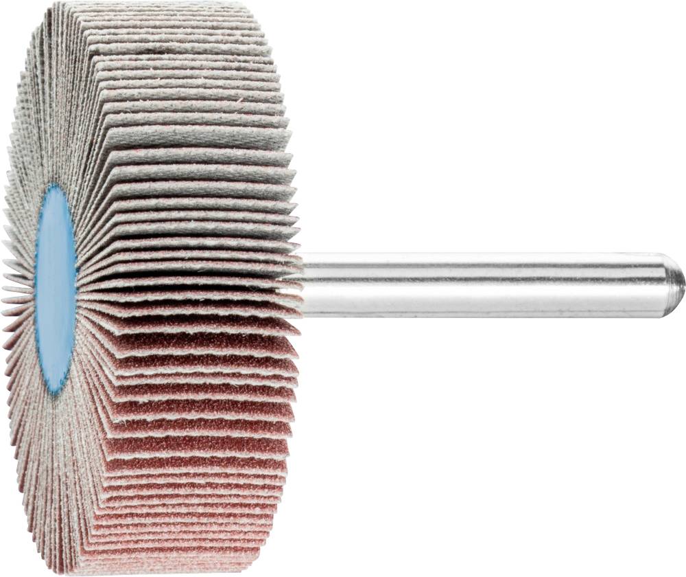 Ein Schleifaufsatz für eine Bohrmaschine mit vielen lamellenartigen Scheiben, die radial um eine zentrale Achse angeordnet sind.