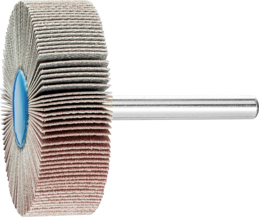 Ein Schleifmop mit vielen lamellenartigen Scheiben, die fächermäßig um einen zentralen Stab angeordnet sind.