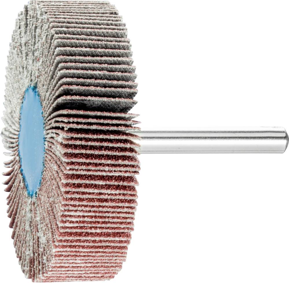 Schleifwerkzeug mit rot-blauen Lamellen, befestigt auf einem Metallstab, zur Oberflächenbearbeitung von Materialien.