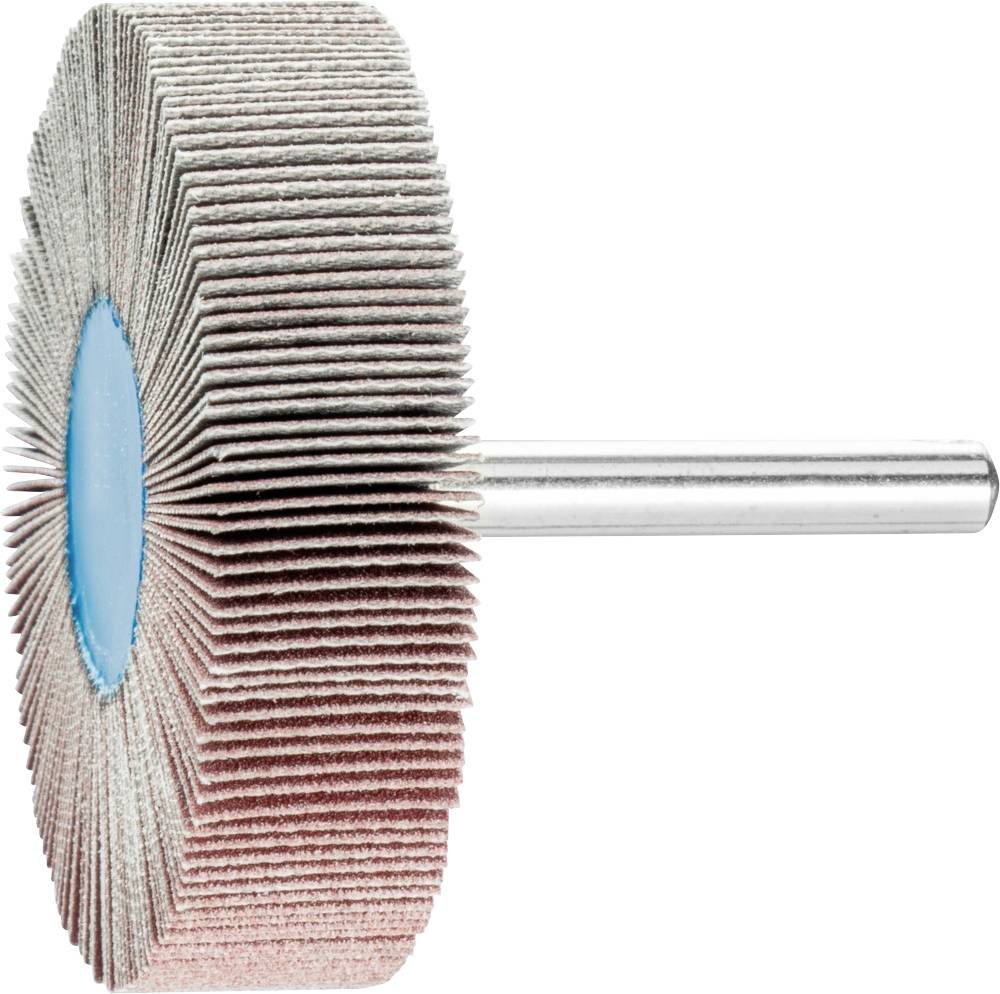 Ein Schleifmopaufsatz mit zahlreichen, radial angeordneten Schleifscheiben, die an einem Metallstiel montiert sind. Ideal zum Glätten von Oberflächen.