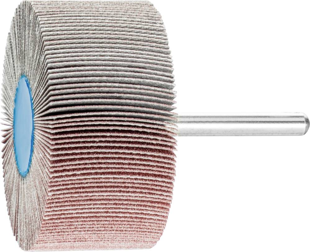Blauer Lamellenschleifer mit silbrigen Lamellen auf einer Metallstange, geeignet zum Schleifen und Polieren von Oberflächen.