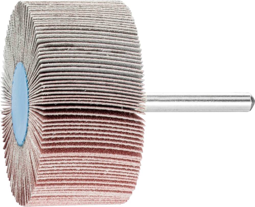 Schleifmop mit Metallstift, bestehend aus radial angeordneten Schleifblättern, die zur glatten Oberflächenbearbeitung verwendet werden.