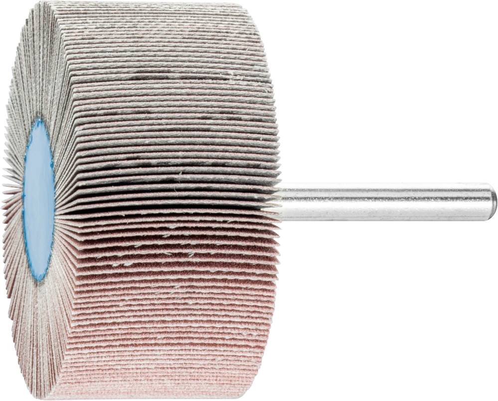 Schleifaufsatz mit vielen Lagen Schleifpapier in Radform und Metallstab, verwendet für das Feinschleifen von Oberflächen.