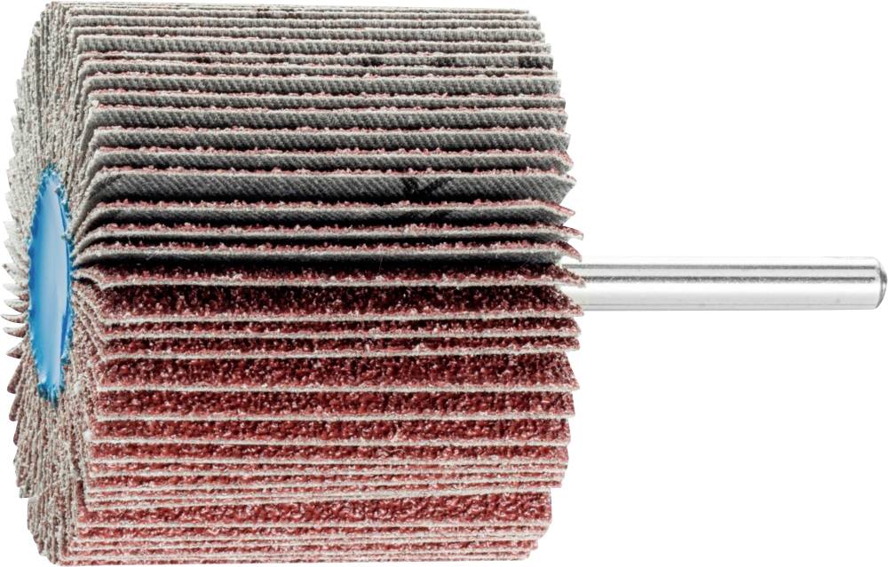 Ein Schleifaufsatz mit schleifpapierbedeckten Lamellen, montiert auf einem Metallstift.