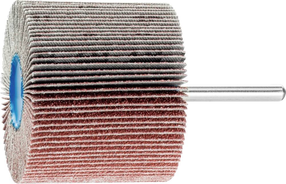 Ein Schleifwerkzeug mit zylindrischen Schleifscheiben aus rotem Schleifmaterial, montiert auf einem Metallstift zur Verwendung.