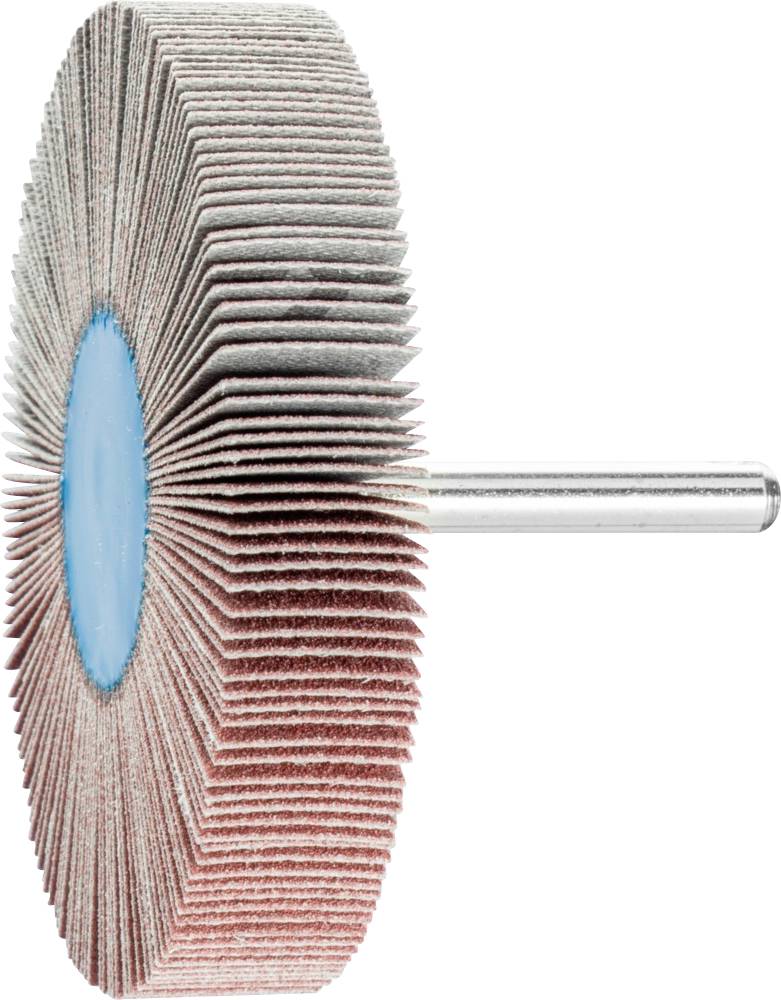 Schleifaufsatz mit mehreren radial angeordneten Schleifscheiben um eine blaue Scheibe, befestigt an einem metallischen Stab.