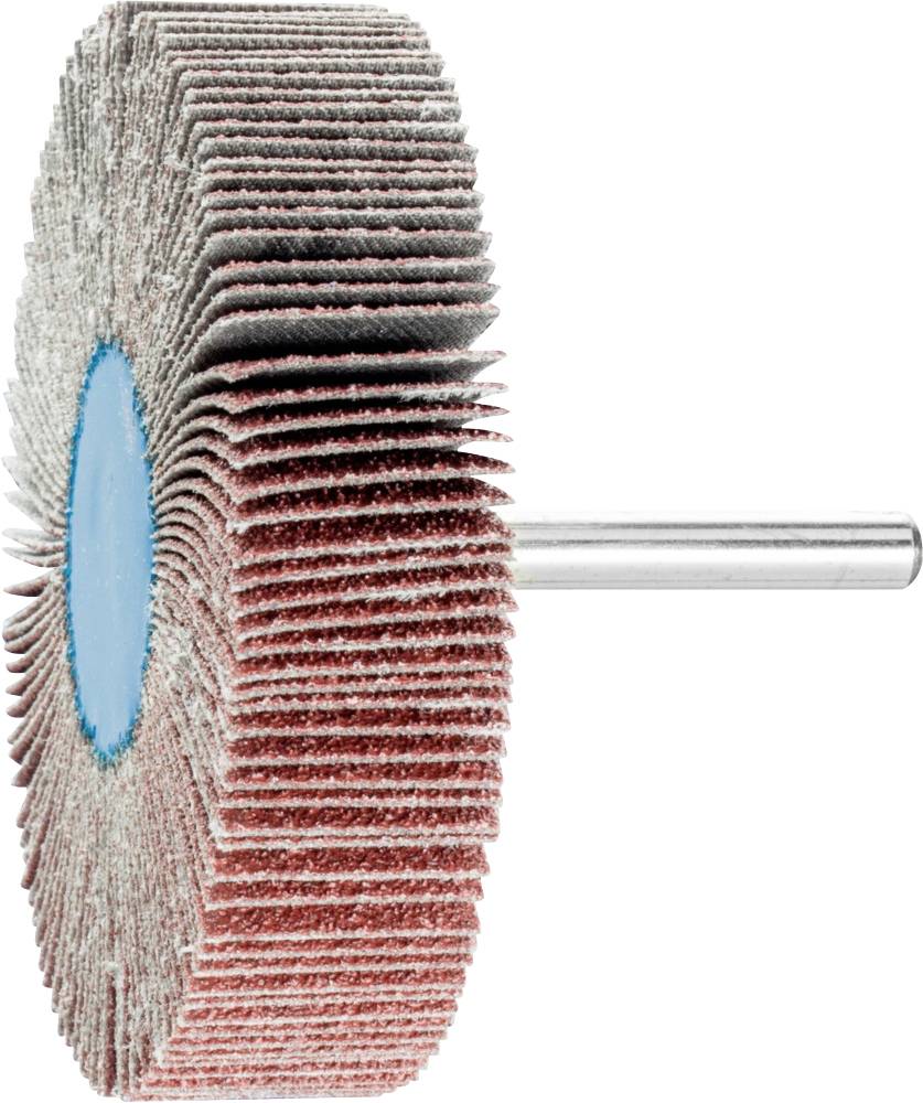 Eine rot-braune Schleifscheibe mit blauen Details und Metallstab, seitlich gezeigt, vor einem neutralen Hintergrund.