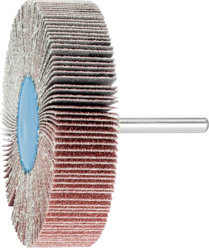 Scheibenförmiger Schleifscheibenaufsatz mit radial angeordneten Schleifblättern und Metallstift zur Befestigung an Werkzeugen.