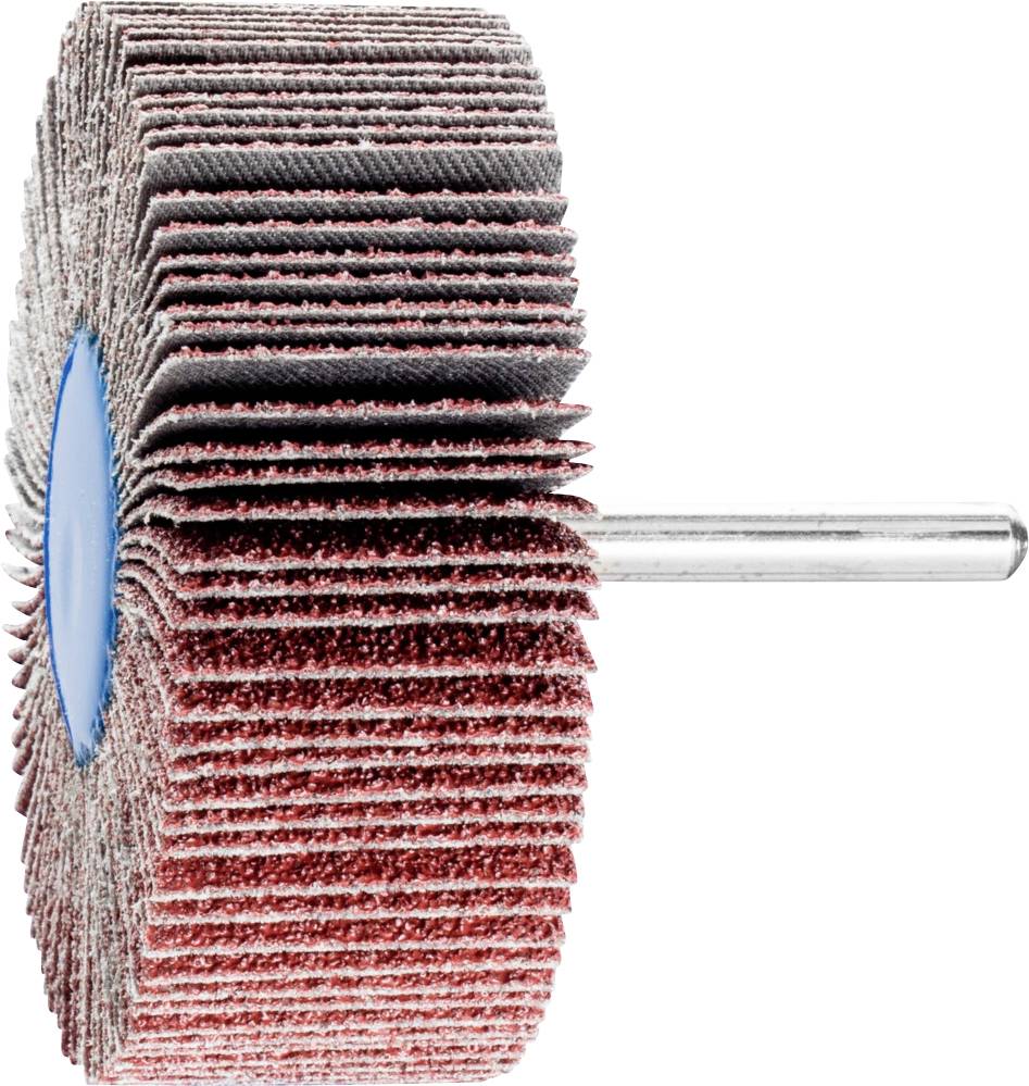 Schleifscheibe mit radial angeordneten Schleiflamellen, befestigt an einem Metallstift, seitliche Ansicht. Geeignet zum Oberflächenschleifen und -polieren.
