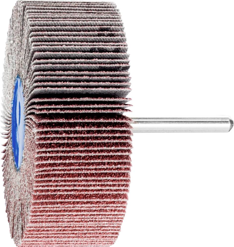 Eine rot-braune Schleifscheibe mit runden Lamellen auf einer Metallachse, seitliche Ansicht, vor weißem Hintergrund.