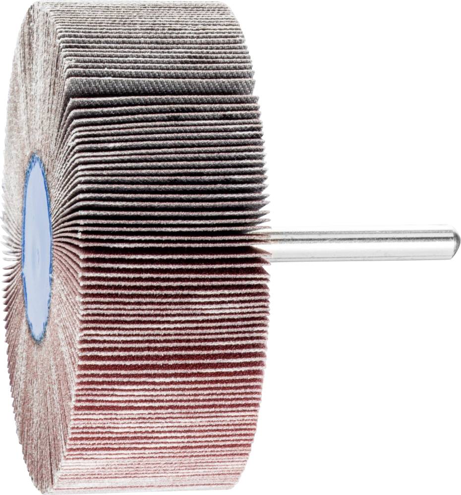 Schleiflamellenrad mit Metallschaft, geeignet für den Einsatz mit Schleifmaschinen. Bestehend aus vielen konzentrischen Schleiflappen.