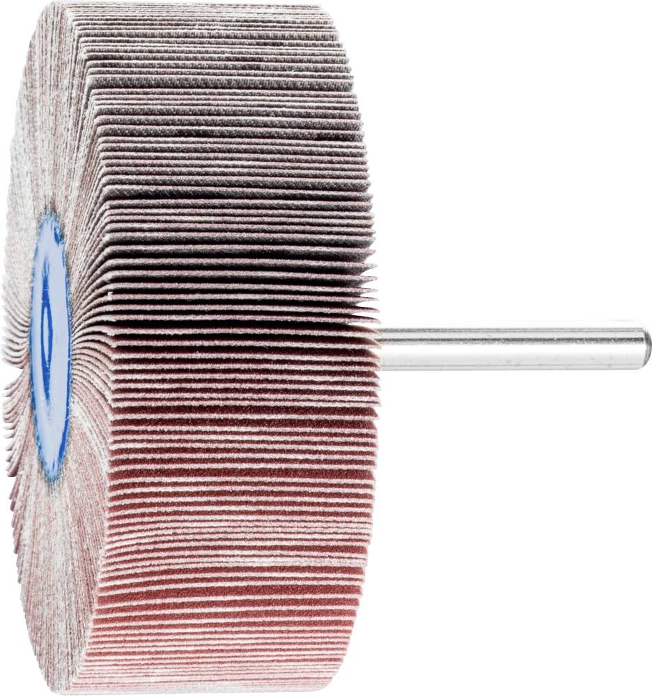 Schleifmopscheibe mit Metallstift, seitlich betrachtet. Die Lamellen sind fächerartig angeordnet, hauptsächlich für Schleifarbeiten.