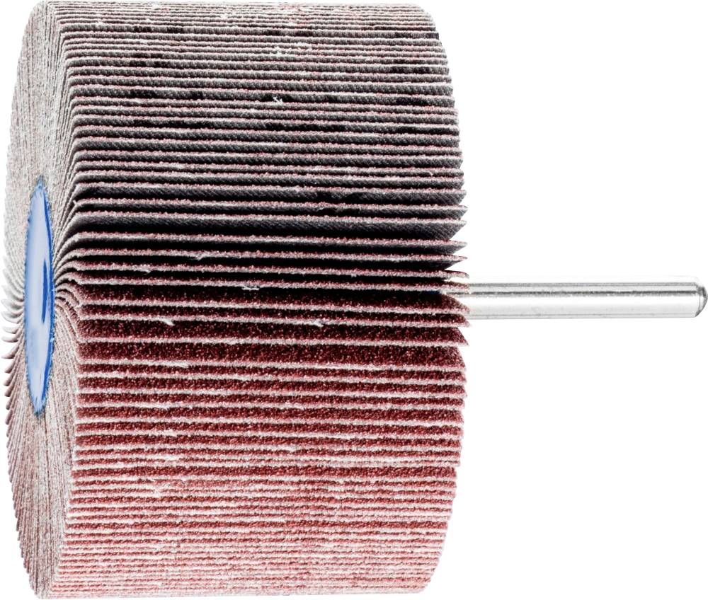 Ein zylindrischer Schleifaufsatz mit radialen Schleiflamellen und einem zentrierten Metallstab. Er wird für das Polieren von Oberflächen verwendet.