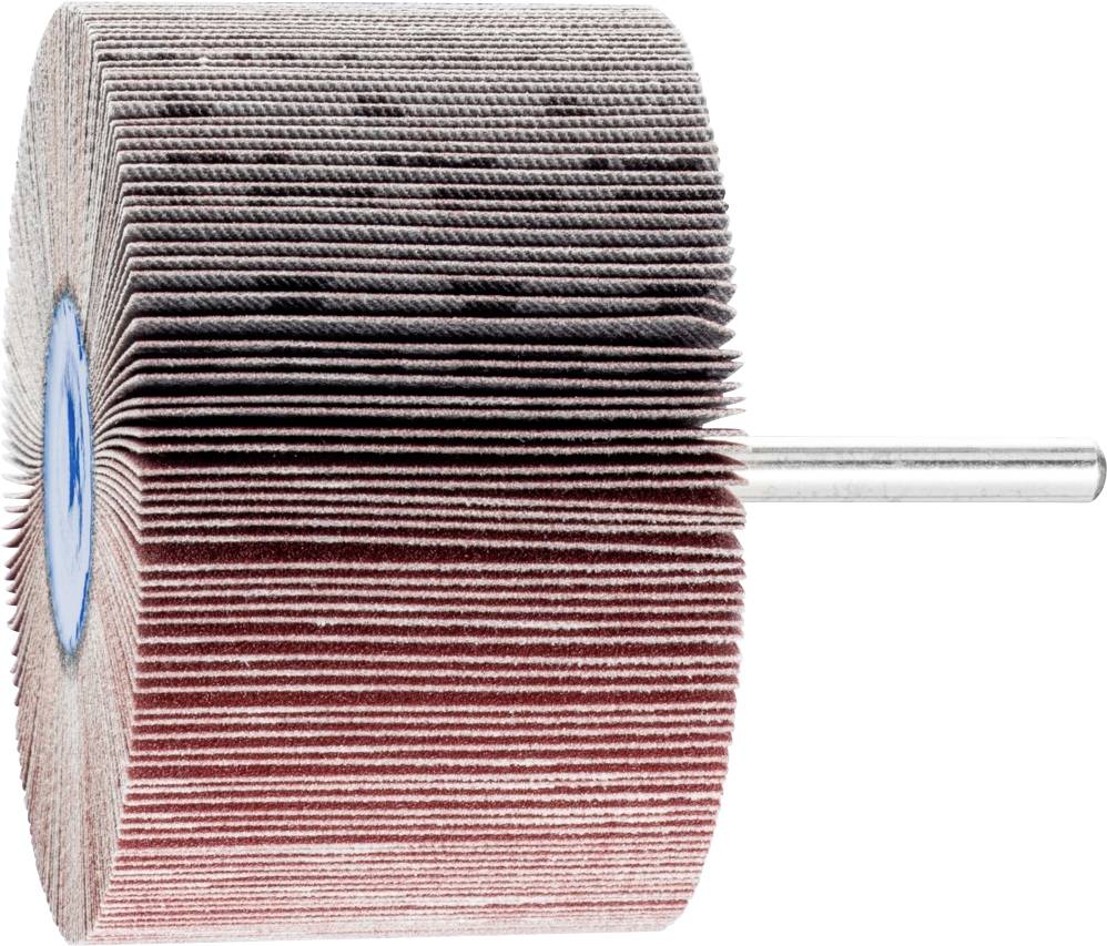 Schleifwerkzeug mit radförmigen Schleifscheiben aus dunkelgrauen und roten Schichten, befestigt an einem Metallstift für Drehbewegungen.