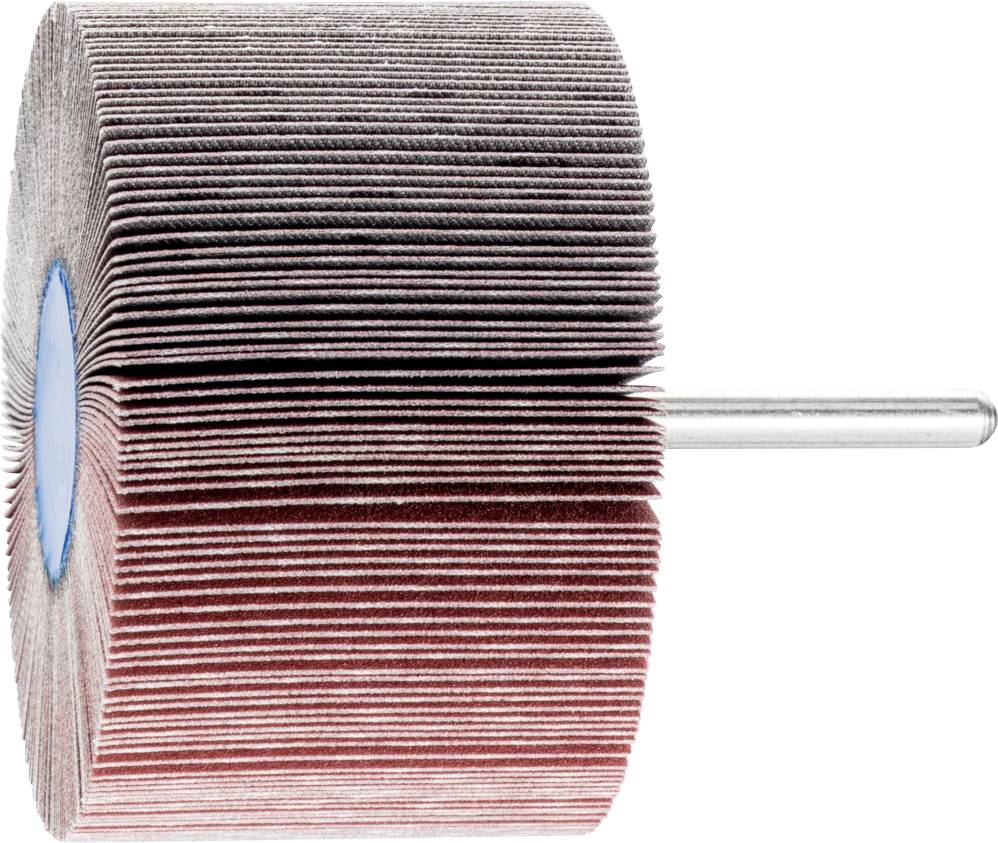 Ein zylinderförmiger Schleifaufsatz mit vielen roten, lamellenartigen Scheiben. Ein Metallstift ragt von der Seite heraus.