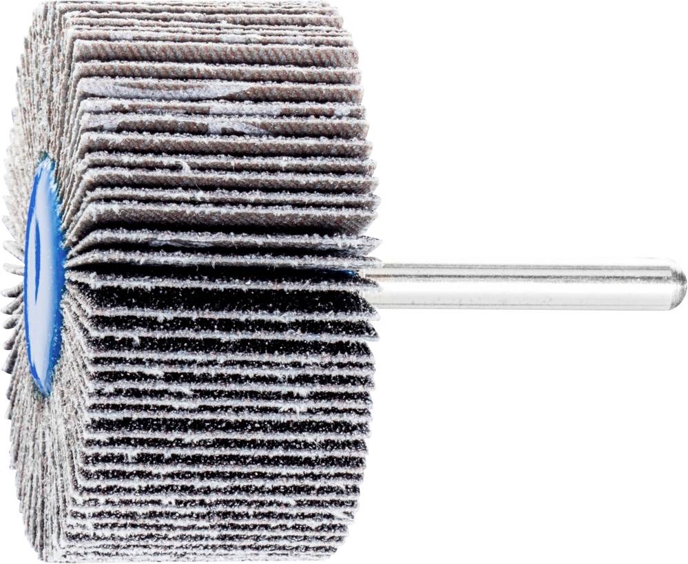 Ein Schleifaufsatz mit radialen Schichten aus Schleifmaterial, montiert auf einem Metallstab für den Einsatz in Bohrmaschinen oder ähnlichen Werkzeugen.