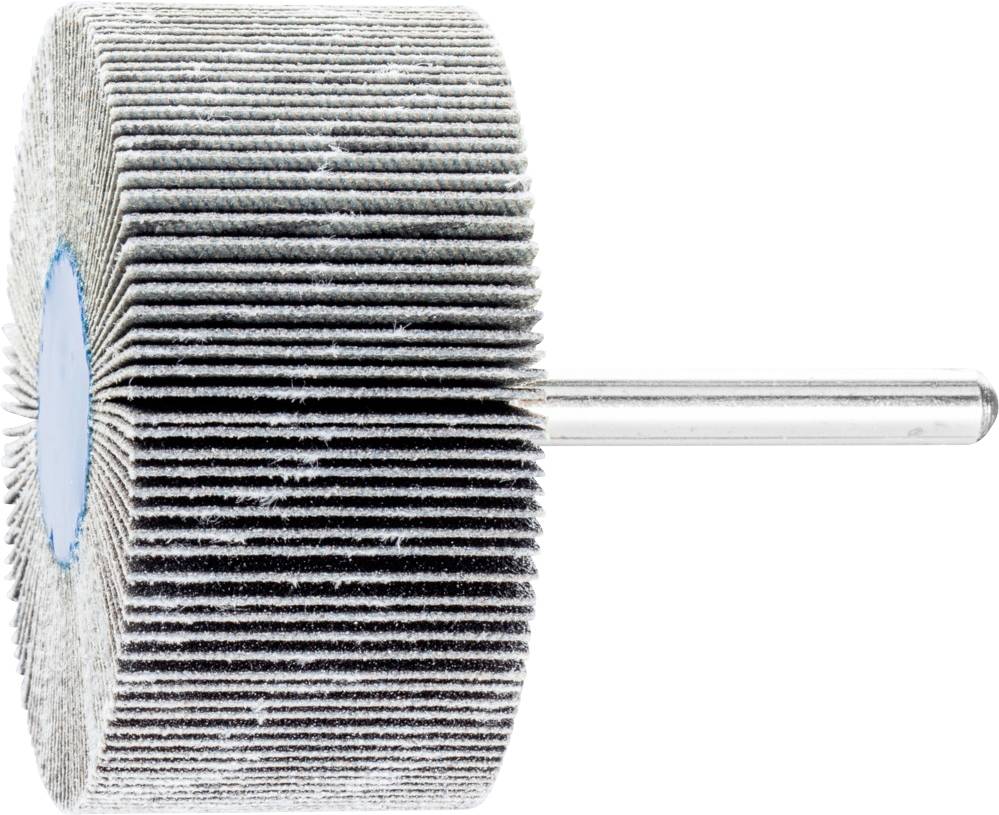 Schleifwerkzeug mit runden, schichtweise angeordneten Schleifblättern und einem Metallstift zur Befestigung an einem Bohrgerät.