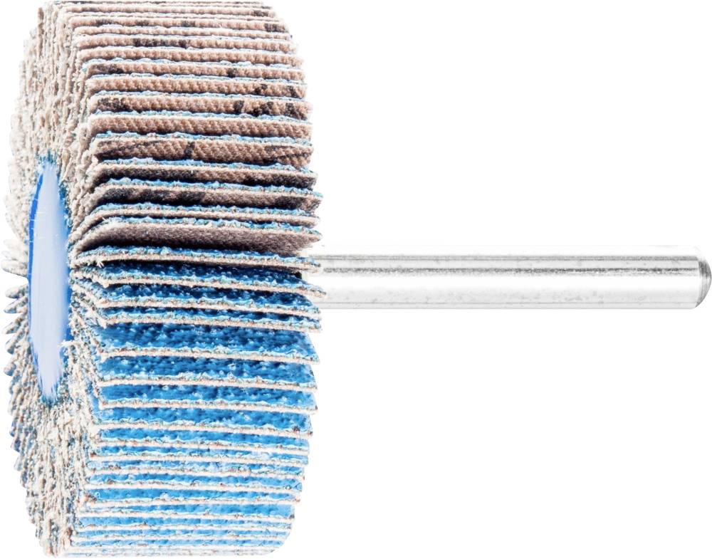 Ein Schleifaufsatz mit blauen und beigen Lamellen, montiert auf einem Metallstab, zum Polieren und Glätten von Oberflächen.