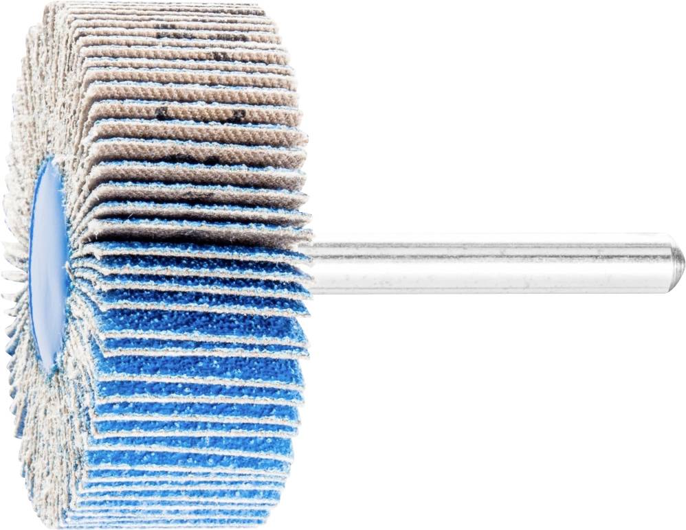 Ein Schleifaufsatz mit blauen Lamellen auf einer Metallachse, verwendet zum glätten oder polieren von Oberflächen.
