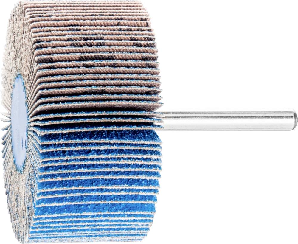 Ein Schleifaufsatz mit blauen und braunen Schleifscheiben auf Metallstift, seitlich dargestellt.