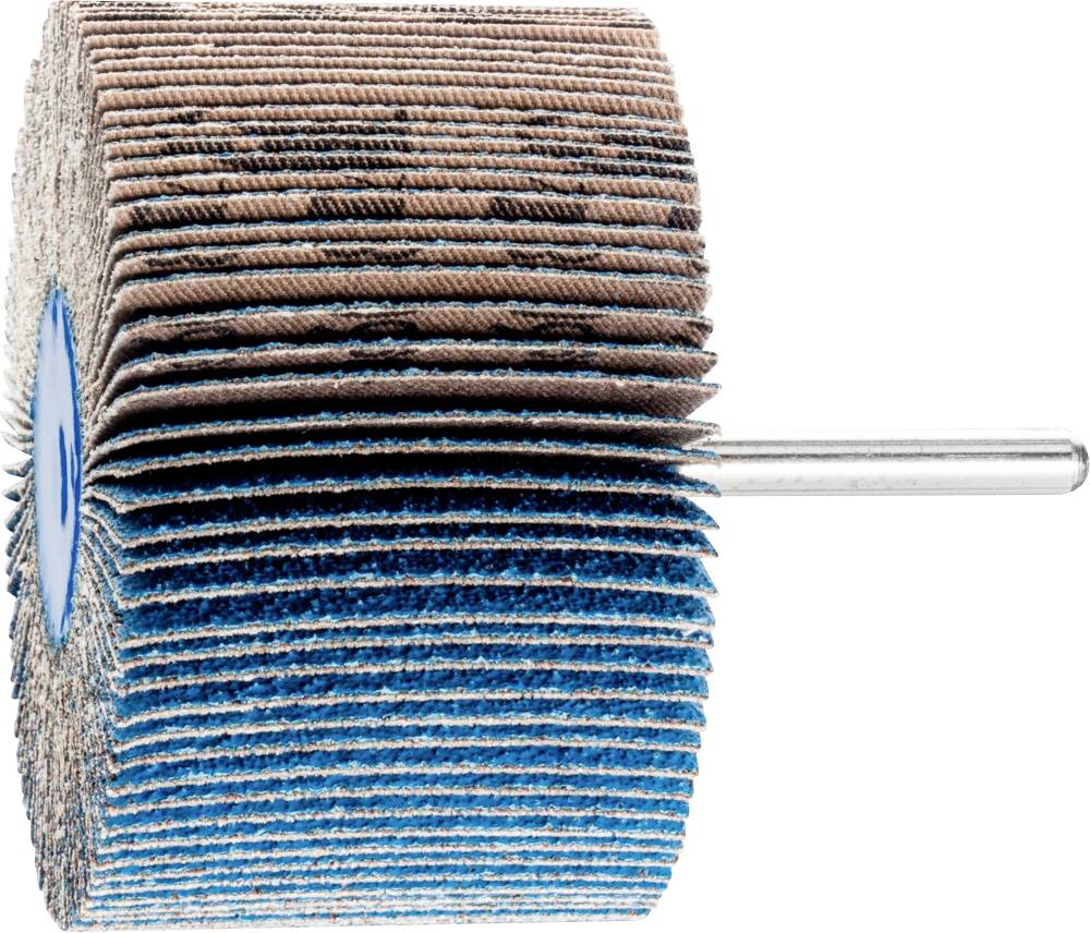 Ein Schleiffächer aus mehreren Schichten Schleifpapier mit blau-brauner Farbe, an einer Metallstange befestigt.