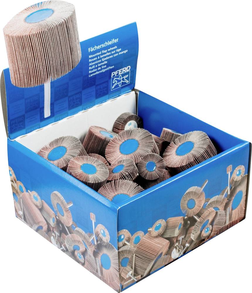 Box mit mehreren Flächen-Schleifwerkzeugen von PFERD, in einer blauen Verpackung mit Bildern der Schleifer und Firmenlogo.