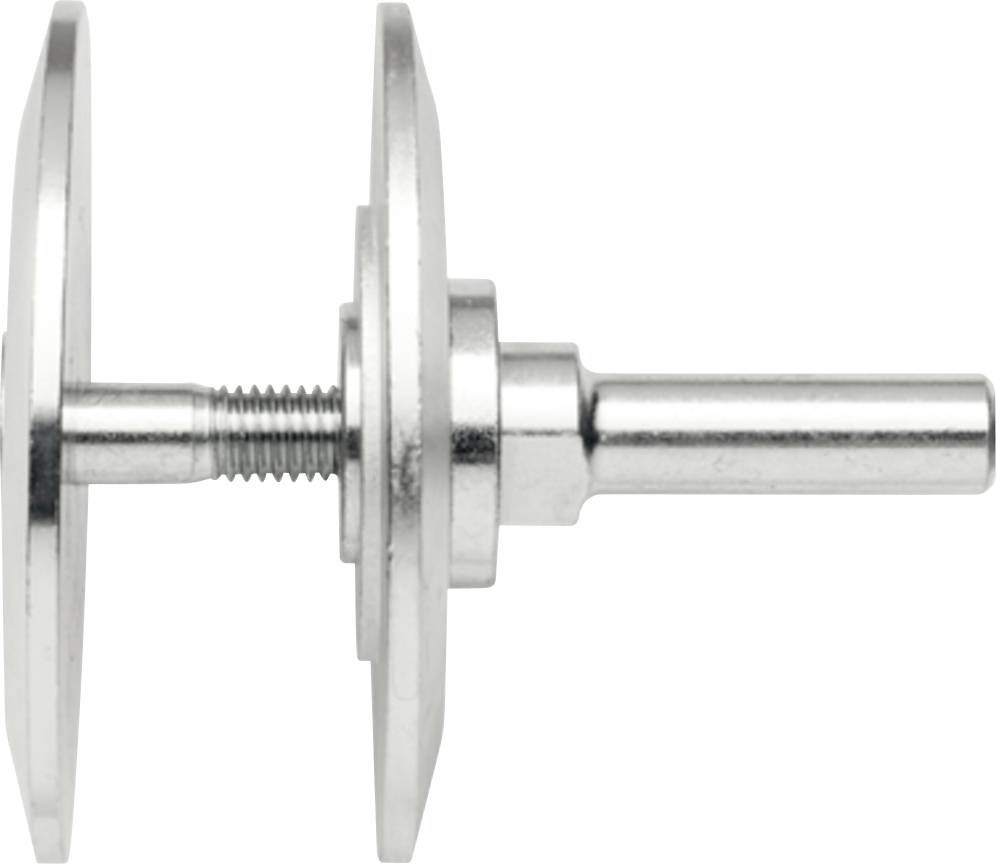 Ein silbernes Metallverbindungsstück mit Schraubgewinde, bestehend aus zwei runden Platten und einem zentralen Stift.