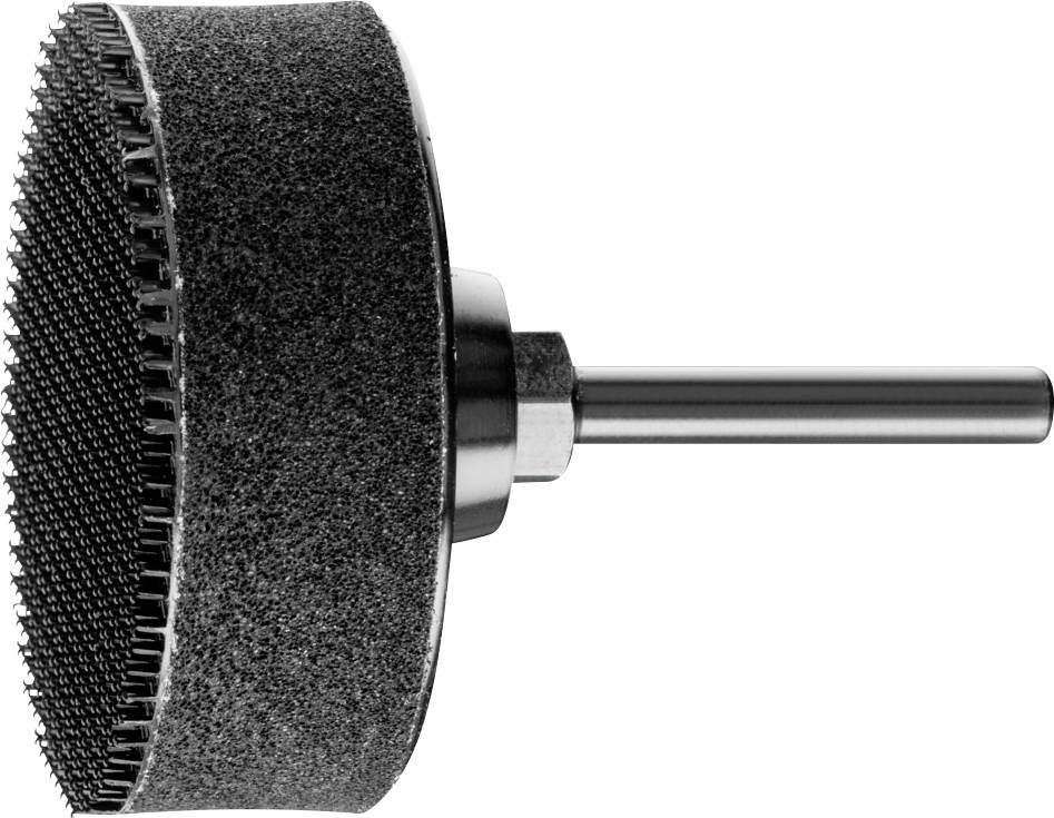 Zylinderförmiger Schleifaufsatz mit rauer, stacheliger Oberfläche und einem Metallstift für Bohrmaschinenbefestigung.